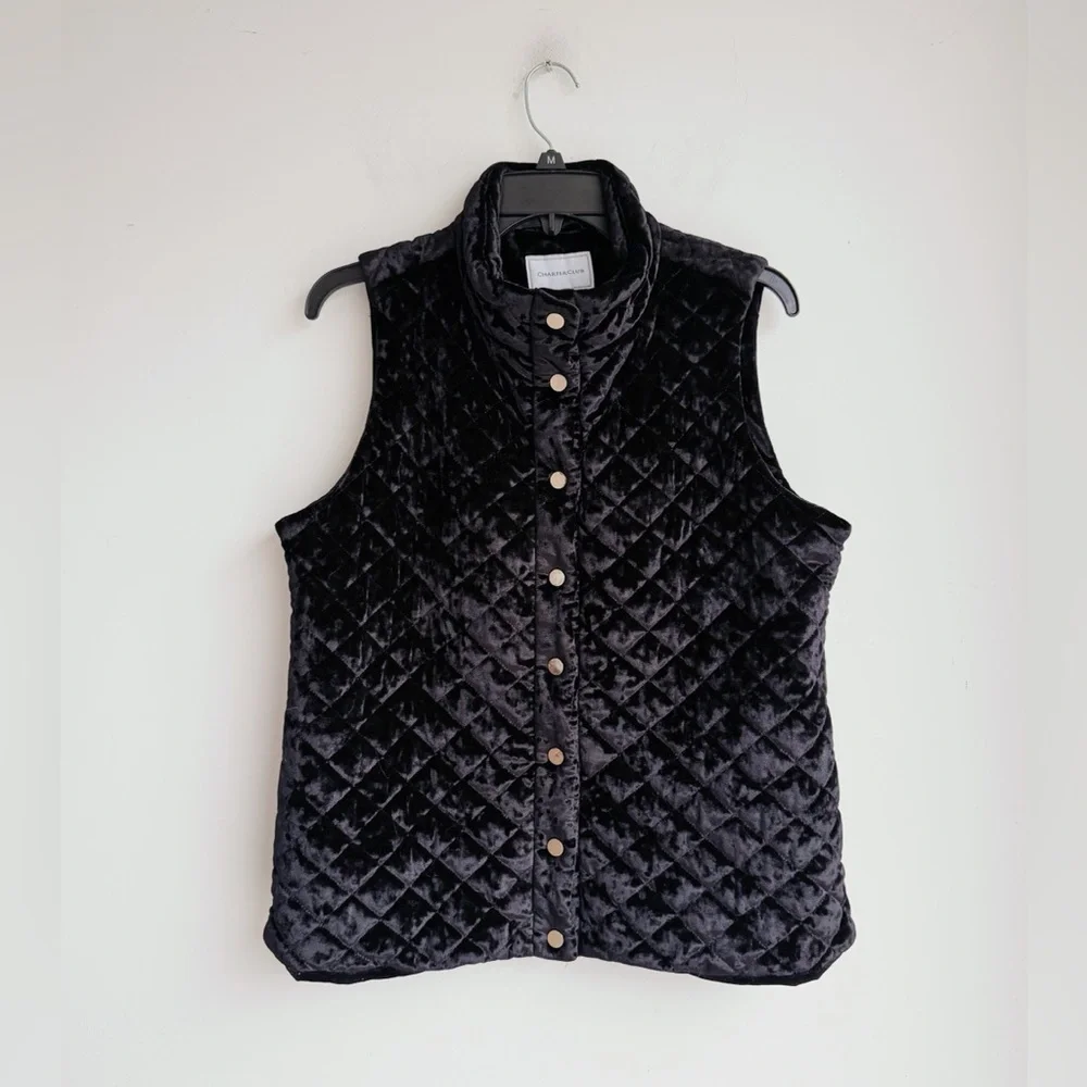 Charter Club Quilted Velvet Puffer Vest Black Cozy Luxe Medium
